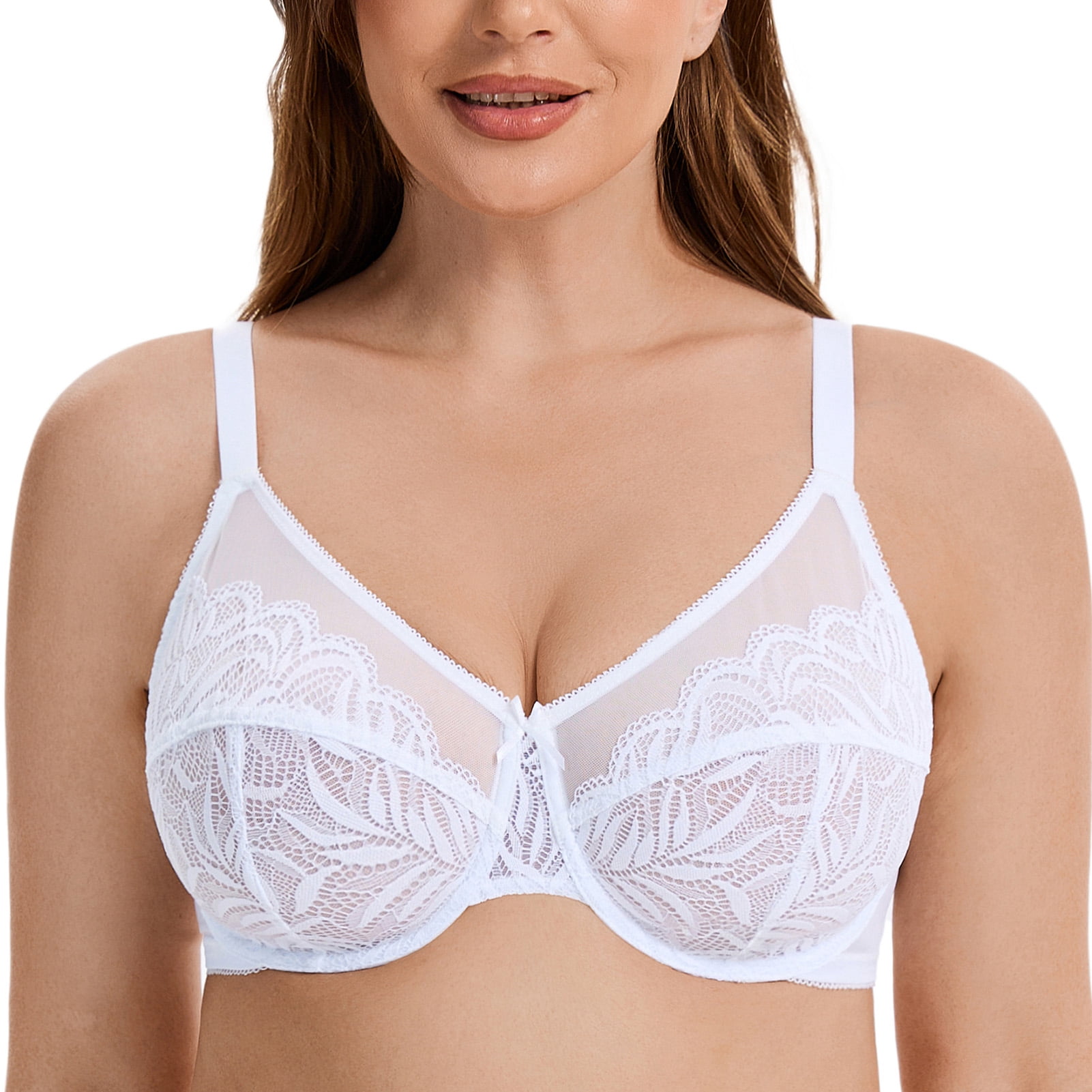 MELENECA Women's Minimizer Bras for Large Bust Underwire Plus Size Full Coverage Lace Bras White 40G