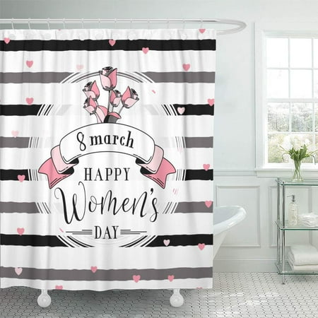 Round Bathroom Windows KSADK 8 March Womens Day with Lettering Text Sign Hearts White Round Shape Ribbon Hipster Roses on Rough Shower Curtain Bathroom Curtain 60x72 inch ()