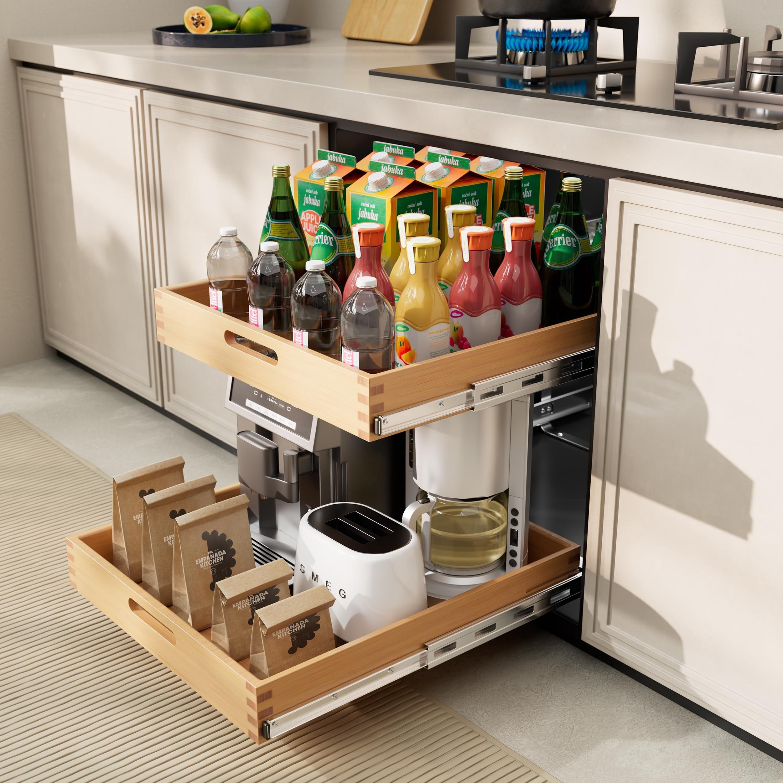 STORKING 2 Tier Pull Out Drawers for Cabinets 15" W x 21" D, Heavy-Duty Slide Out Wood Drawer Shelf, Base Organization for Kitchen, Pantry