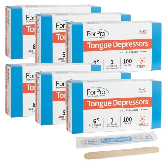 ForPro Professional Collection Senior Tongue Depressors, Large Wax Applicator Sticks, 6" Sized, Sterile, Individually Wrapped, 100 Count, Pack of 6