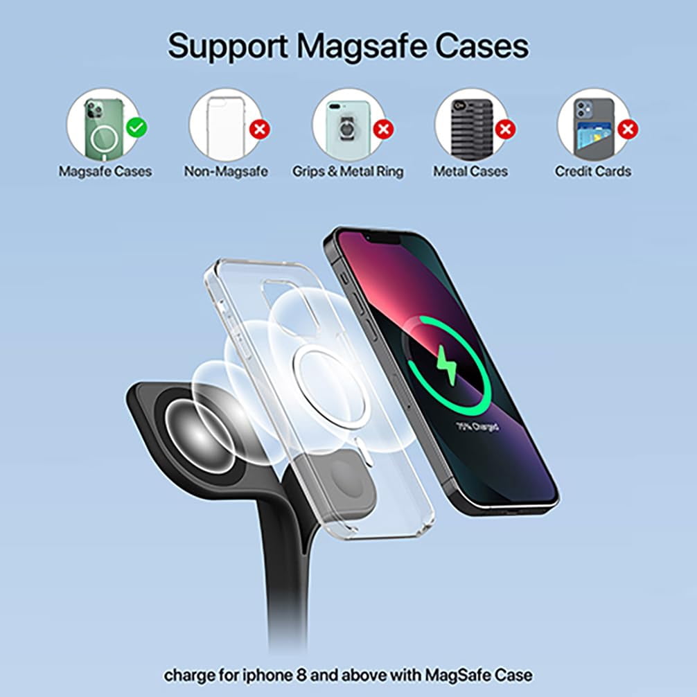 NexTone Charging Station for Magsafe Charger,Charging Station for Multiple Devices,Wireless Charger for iPhone 17 Air 16 15 14 13 12,Apple Watch,AirPods with LED(Black)