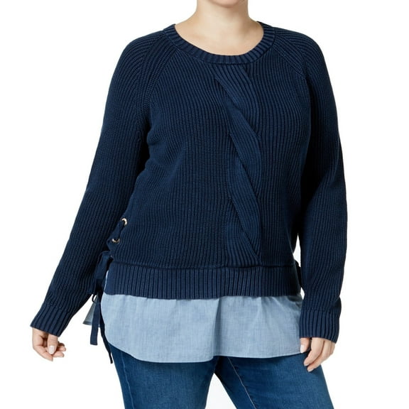 Tommy Hilfiger Womens Plus Twofer Lace-Up Side Knit Sweater