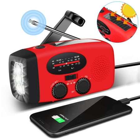 NOAA Weather Radio, EEEkit Portable Battery Operated Radio with LED Flashlight, 1200mAh Power Bank, SOS Alarm, FM AM SW Emergency Solar Hand Crank Radio for Camping, Hiking, Traveling