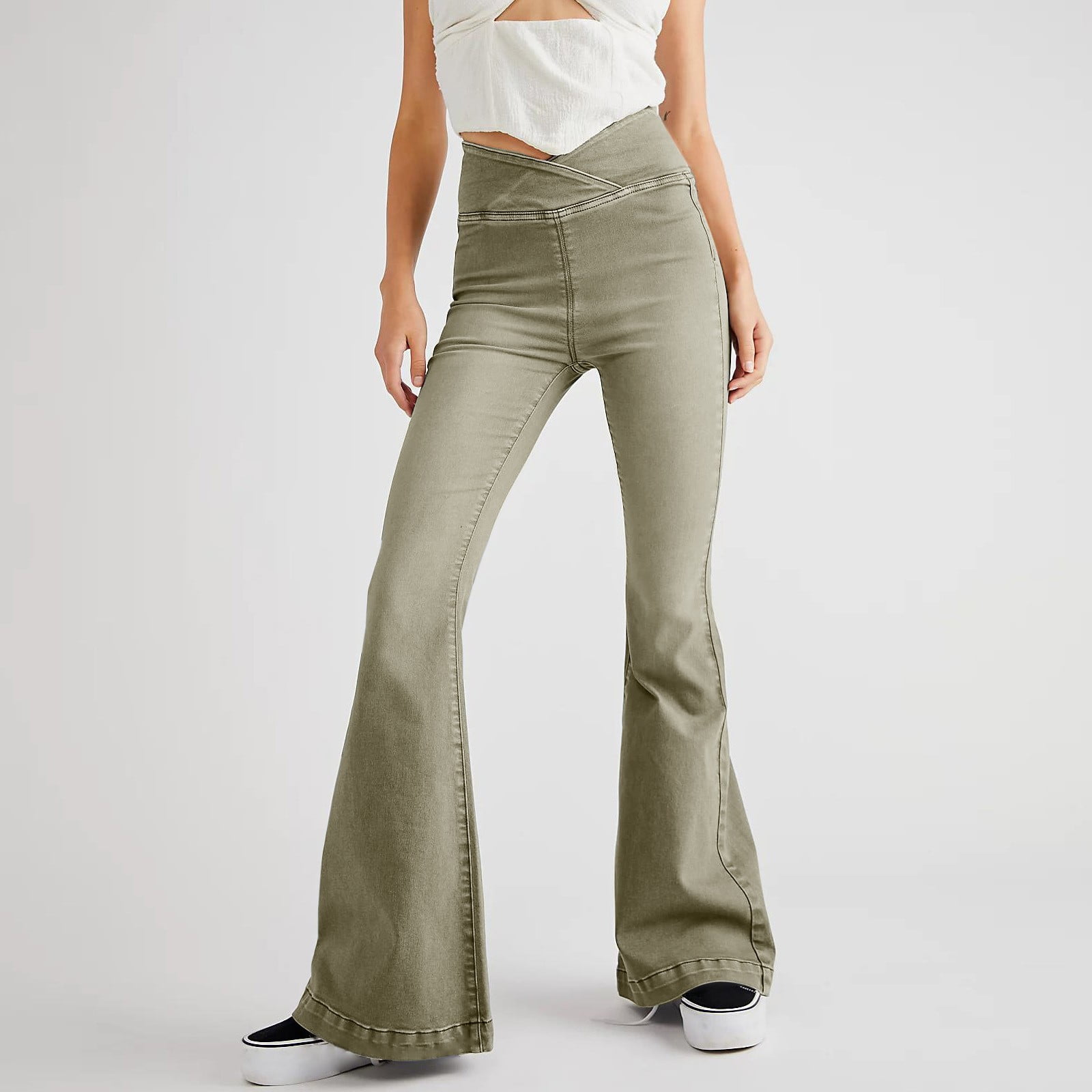 Stretchy Bell Bottom Jeans Crossover High Waist Flared Solid Color
