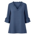 thumbnail image 3 of Womens Tops Ruffle 3/4 Sleeve Dressy Casual Shirts Solid Color V-Neck Tunic Summer Vacation Blouse Blue, 3 of 6