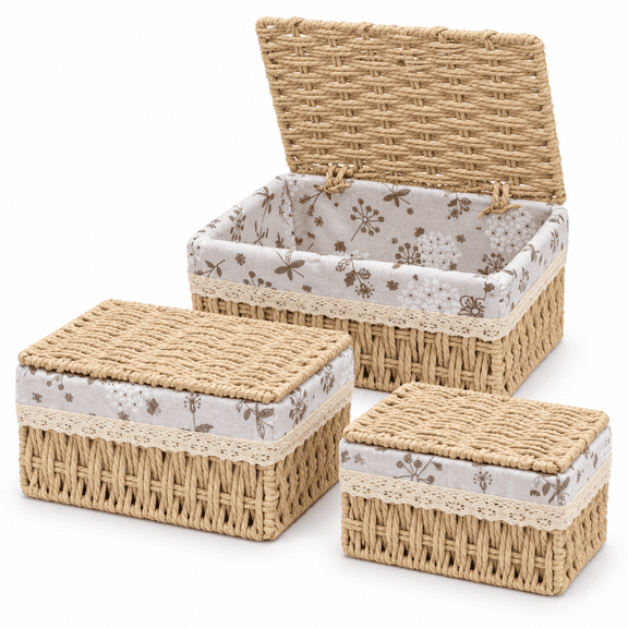 MEHOOM Small Wicker Storage Baskets with Lids, Set of 3 Handwoven Paper Rope Decorative Baskets with Washable Cotton Liners for Shelves and Tabletops, Beige
