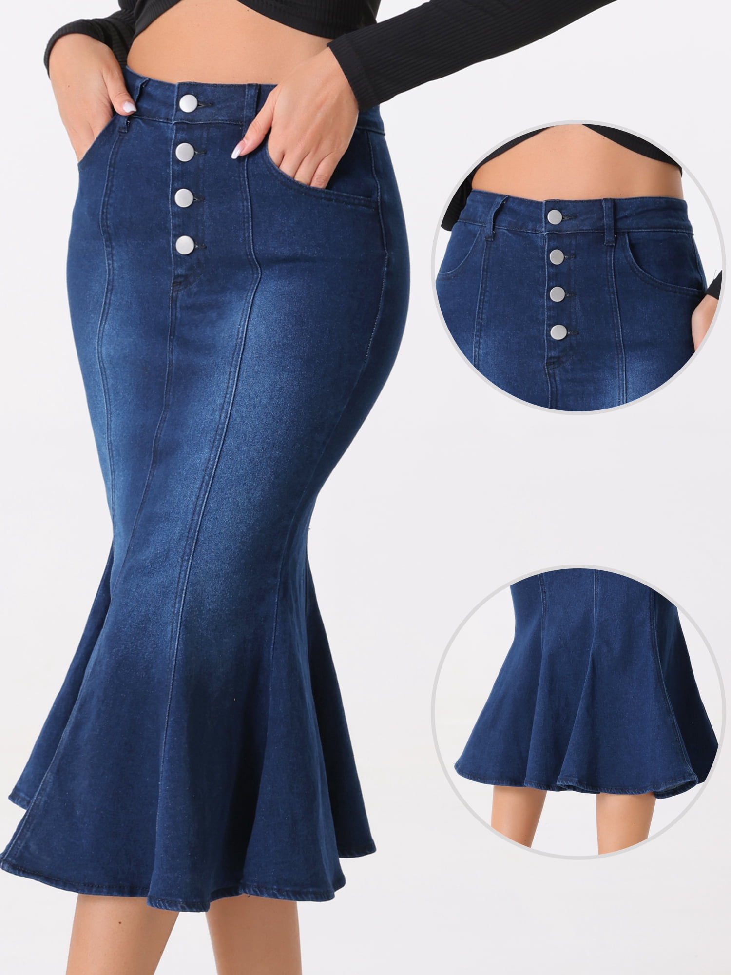 DARING DIVA Women's Soft Elegant Washed Fishtail Casual Midi Denim Skirt XS Black Blue