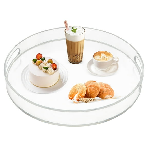 Acrylic Round Tray with Handles, Clear, Spill Proof, 16" Decorative Coffee Table Tray for Kitchen