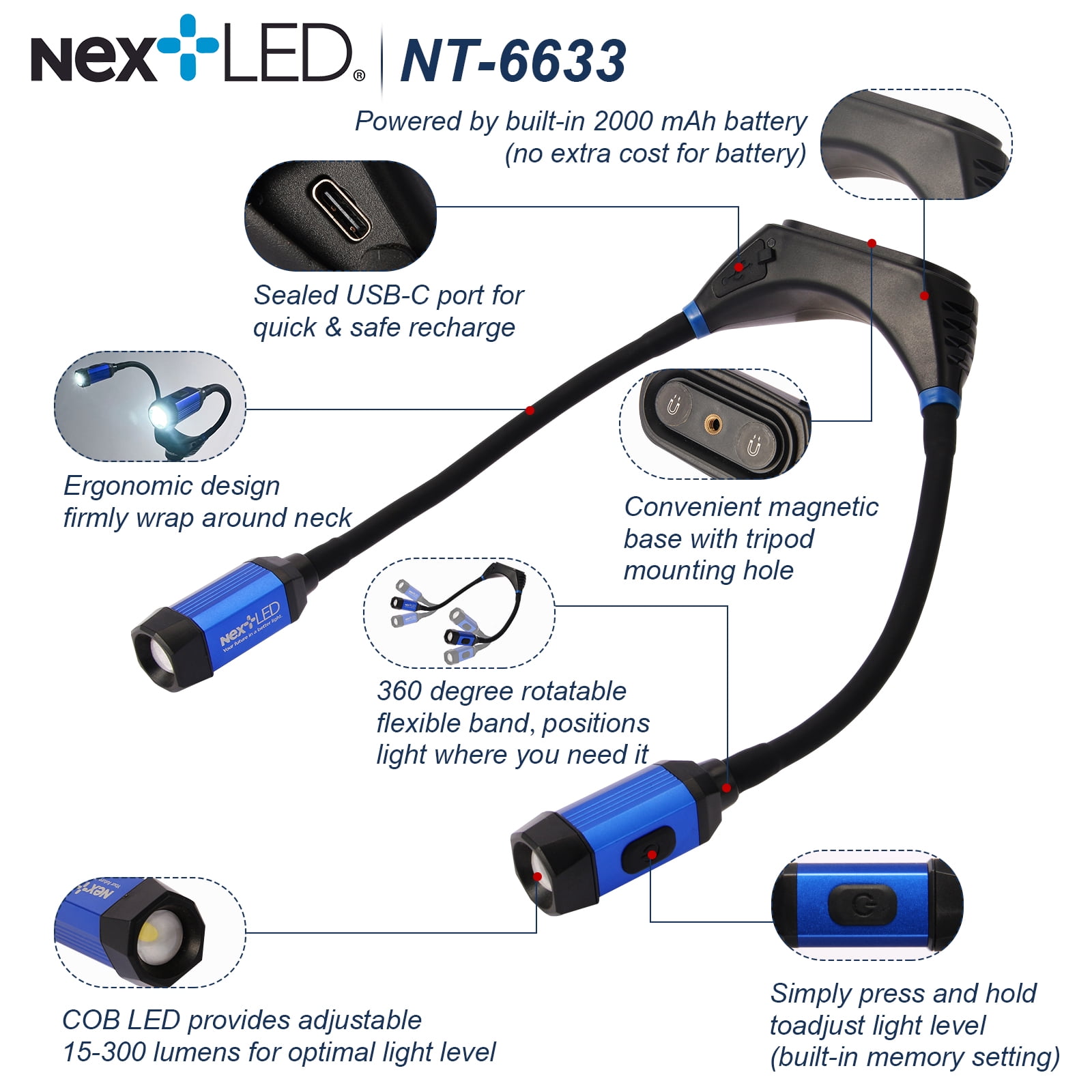 NextLED NT-6633 Heavy Duty Rechargeable Neck Light with Magnetic Base, IPX4, 2000mAh Battery, LED Mechanic Neck Light Hands Free, Flexible Around The Neck Flashlight, Neck Work Light Rechargeable