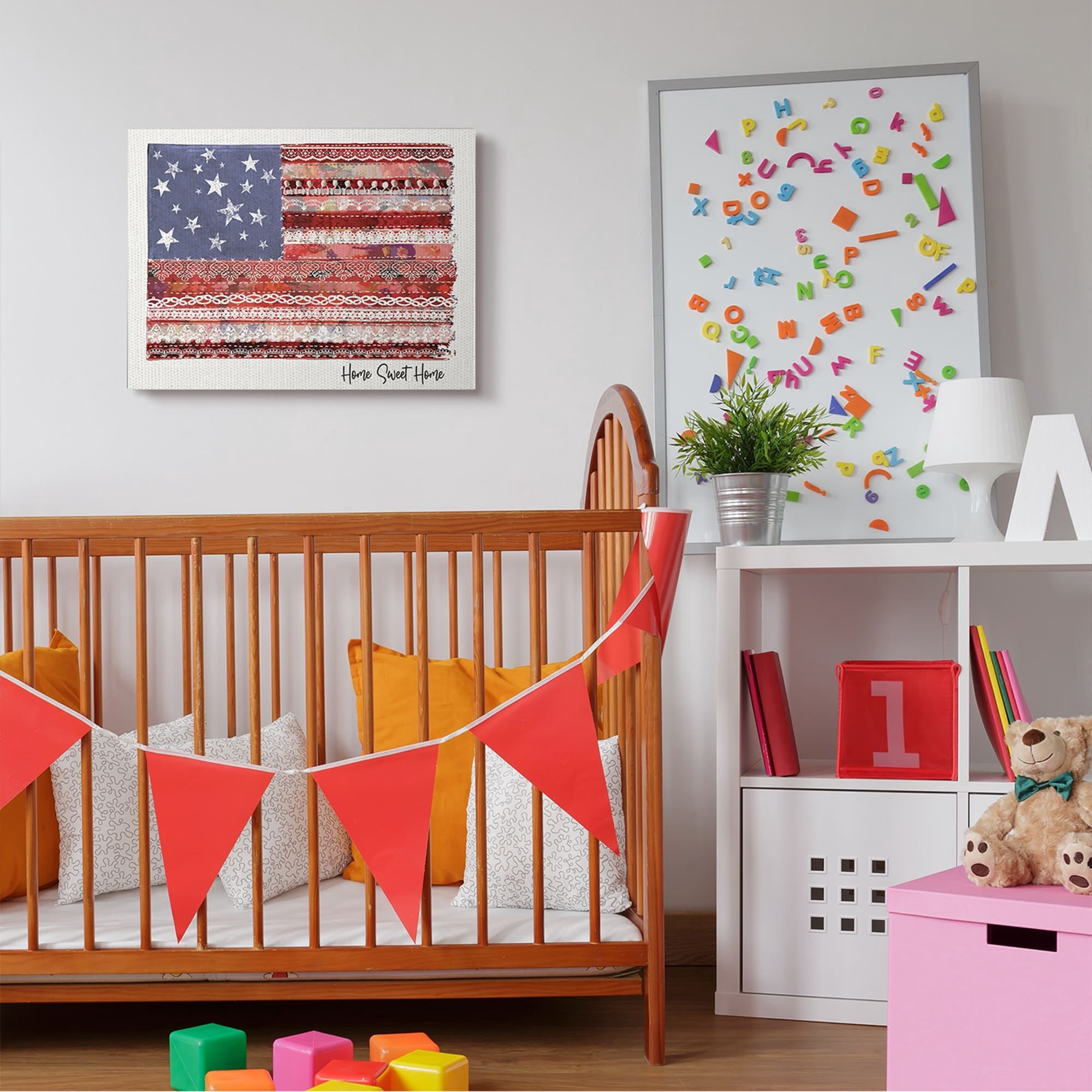 Stupell Industries Home Sweet Home Phrase Lace Pattern American Flag,24 x 30,Designed by Erica Billups