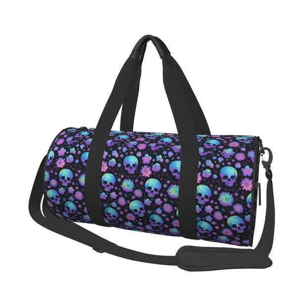 Fotbe purple Skull flower Bolsa Deportiva de Lona Plegable con Estampado, Bolsa de Gimnasio con Bolsillo Seco/Húmedo, Bolsa de Viaje Ultraligera de Gran Capacidad