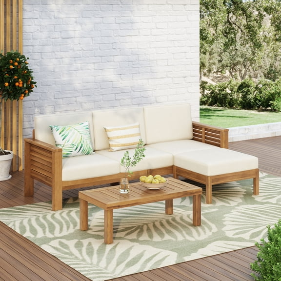 Christopher Knight Home Coastal 3 Piece Patio Sectional Sofa Set with Coffee Table, Creme Cushions