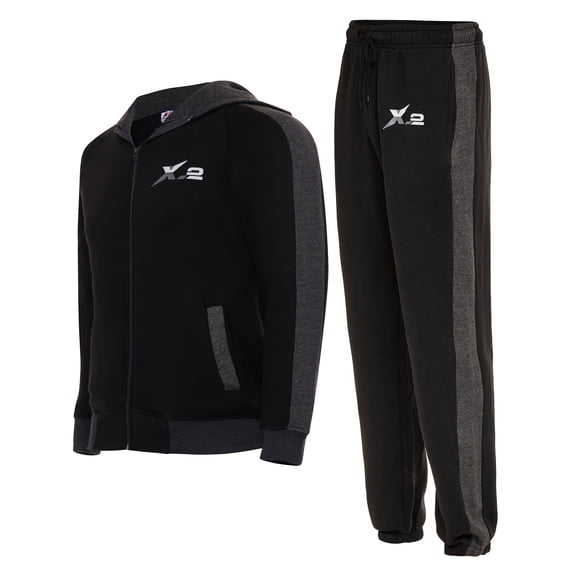 X-2 Men's Athletic Hooded Tracksuit 2 Piece Full Zip Sweatsuit Set, Black, Size Small