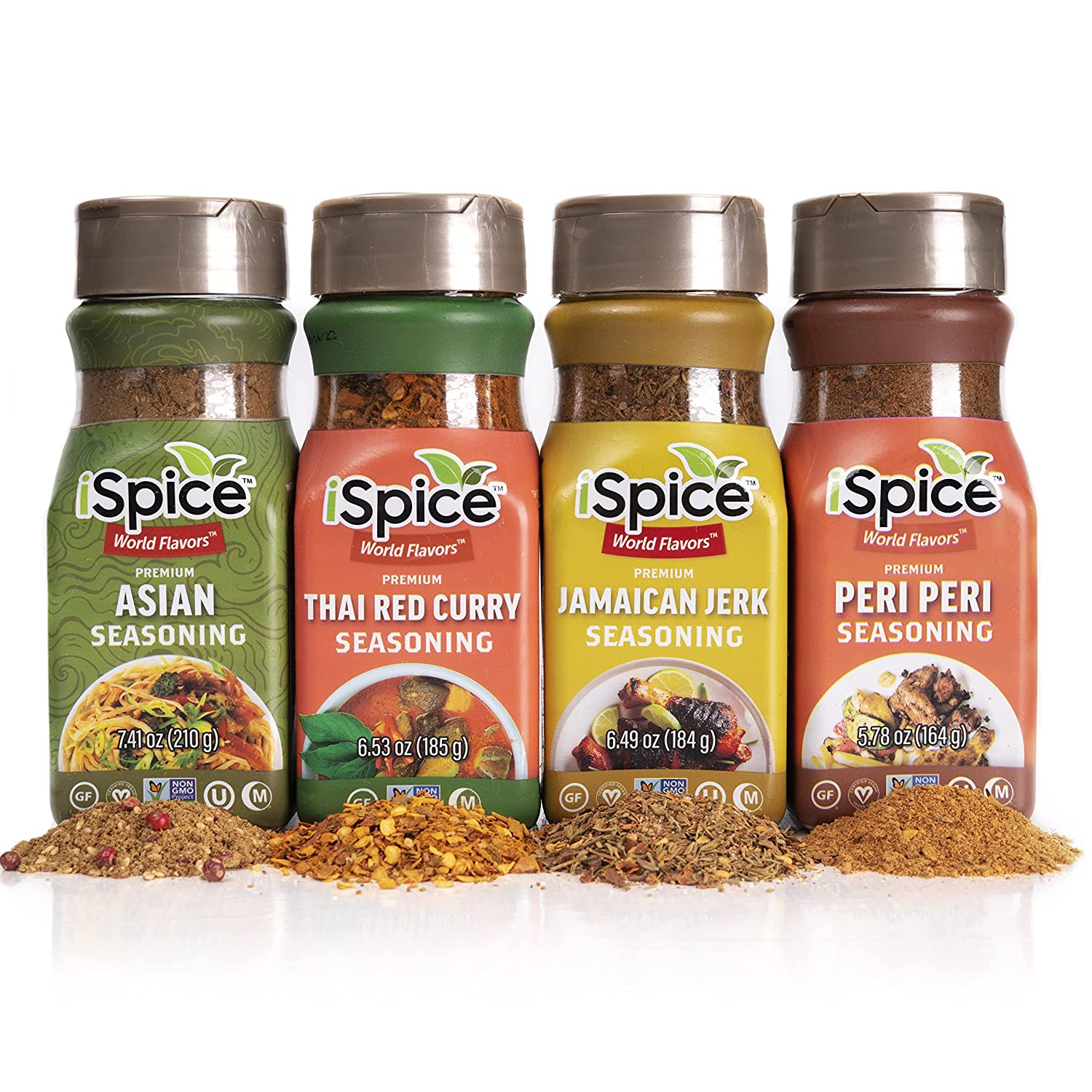  4 pack world flavor seasoning all international contains 1 each jamaican jerk, thai red