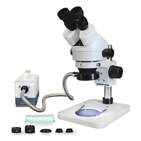 Vision Scientific Binocular Zoom Stereo Microscope, Paired 10x Widefield Eyepiece, 0.7x-4.5x Zoom Range, 3.5x-90x Magnification, 0.5x & 2x Aux. Lens, LED Gooseneck Fiber Optic Ring Light