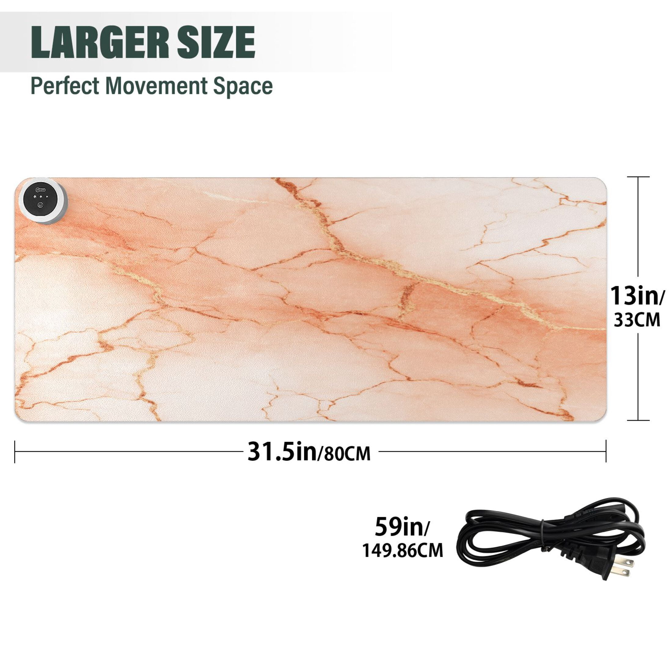 Large Heated Desk Mat Mouse Pad 31.5"x13"PU Leather Graphene Heating Desk Warmer with 3 Temperature Settings 110V US Plug Non-Slip Warm Pad for Home, Office, and Gaming Light Orange Marble Crack