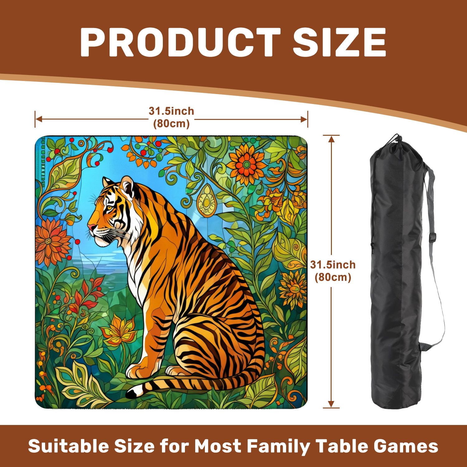Mahjong Mat 31.5" x 31.5" Colorful Tiger Surrounded by Floral Design Vibrant Style Non-Slip Noise Reduction American Mahjong Tiles Table Cover for Dominoes Poker Card Board Games Gift