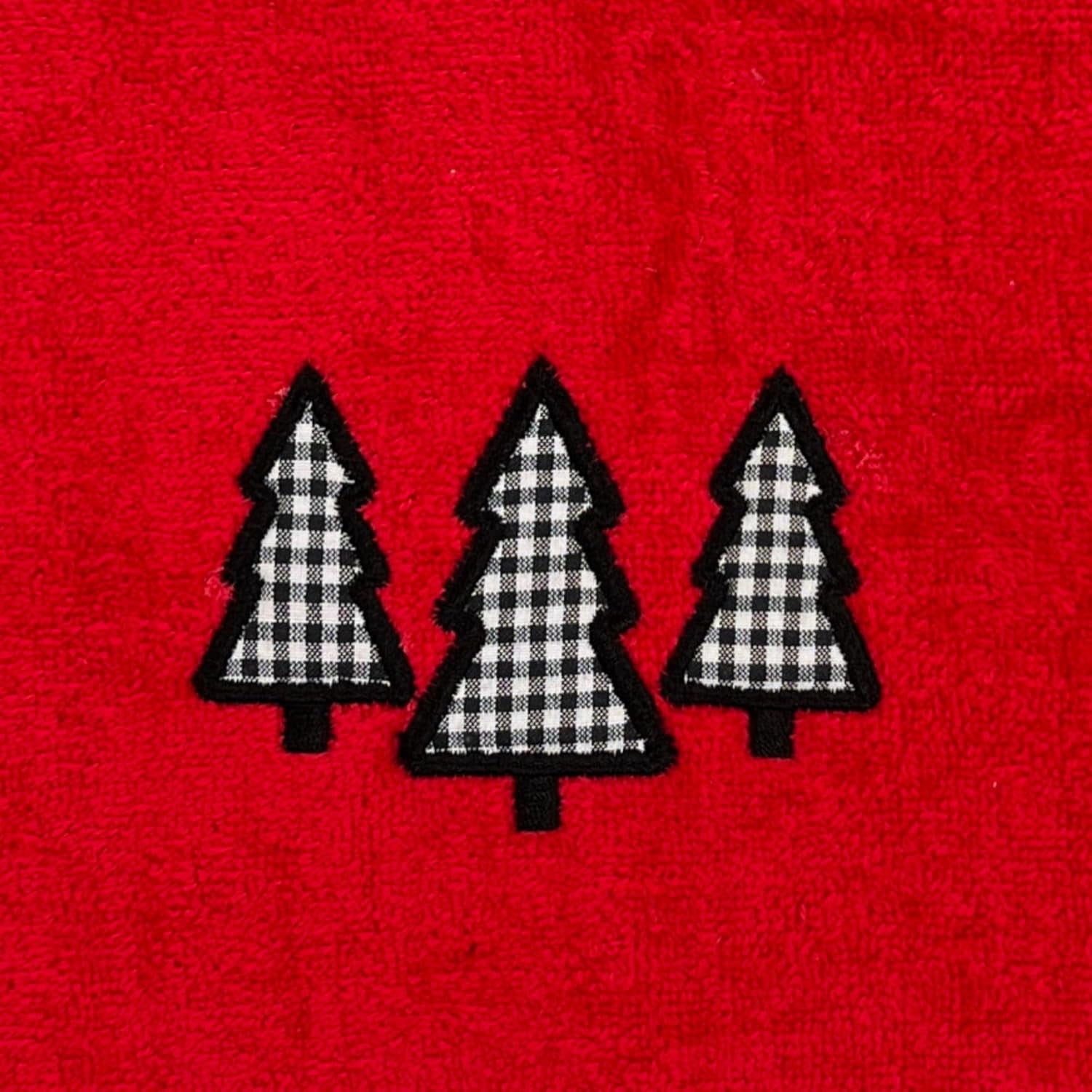 Holiday Winter Christmas Bathroom Guest Hand Fingertip Embroidered Applique Towels 4 Pc Set: Checkered Trees 16 x 25 inches, Gingham Tree Design,12 x 18 inches, Black White on Red, 100% Cotton