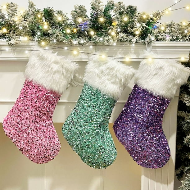 mfyjkho Bolsa de calcetín navideño, media de tela para decoración navideña, 45 x 26 cm, verde, morado y rosa, ideal para dulces, decoración de fiesta, juego de 3
