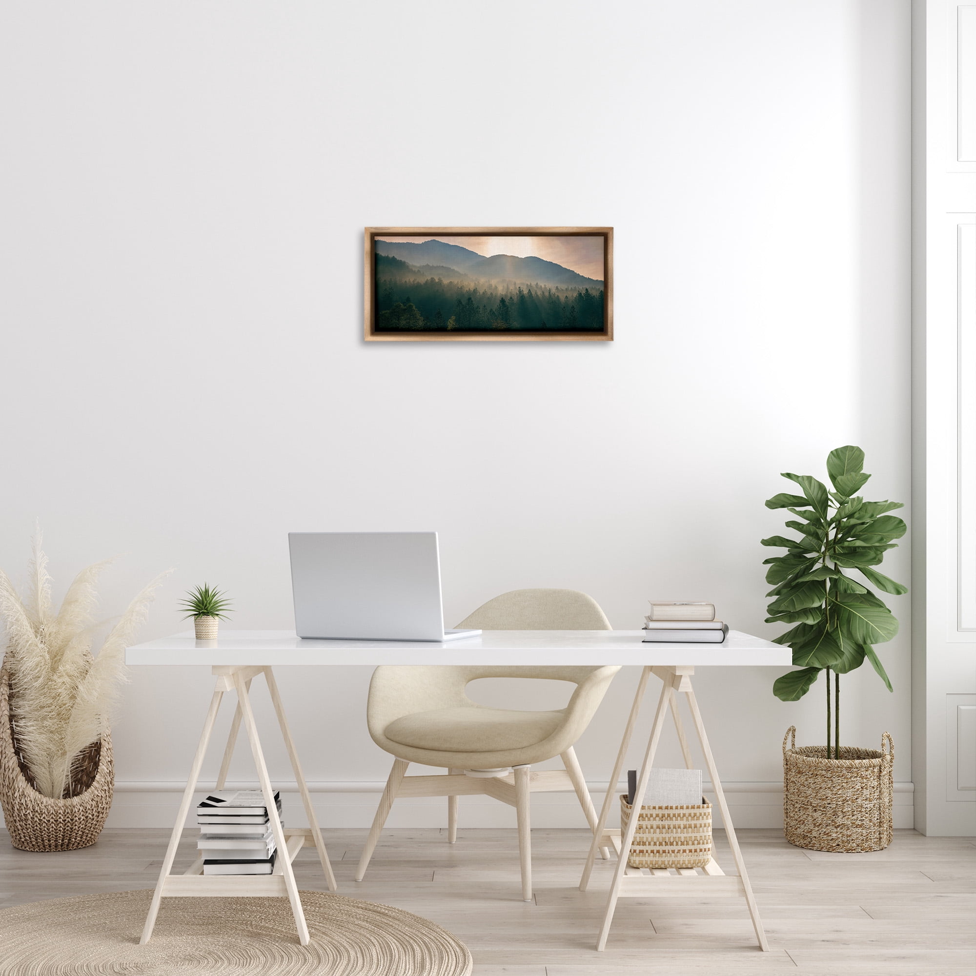 Stupell Industries Morning Sun over Misty Trees Landscape Photography Brown Floater Framed Canvas Art Print Wall Art, 25 x 11