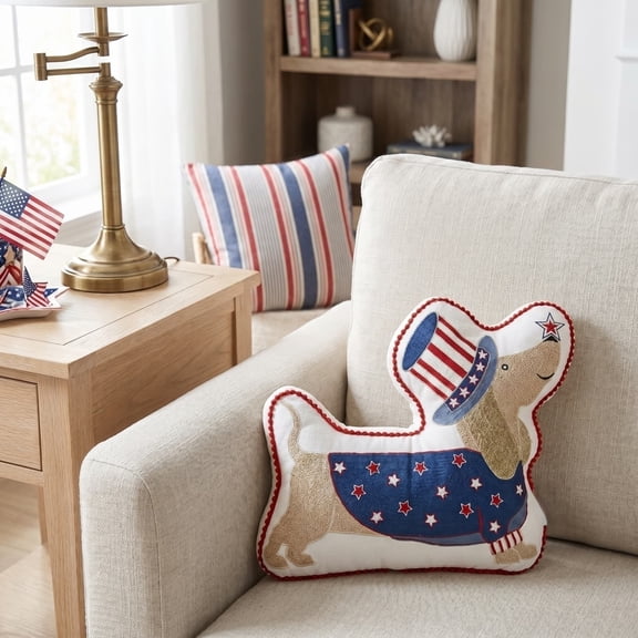 HCBY Patriotic Dachshund Shaped Pillow, 12 Inch Embroidered Star and Stripe Design, 4th of July Home Decor Pillow