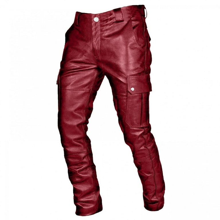 Motorcycle Leather Pants for Men Punk Retro Straight Leg Casual Trousers  Side Pockets Zipper Slim Fit PU Biker Pants