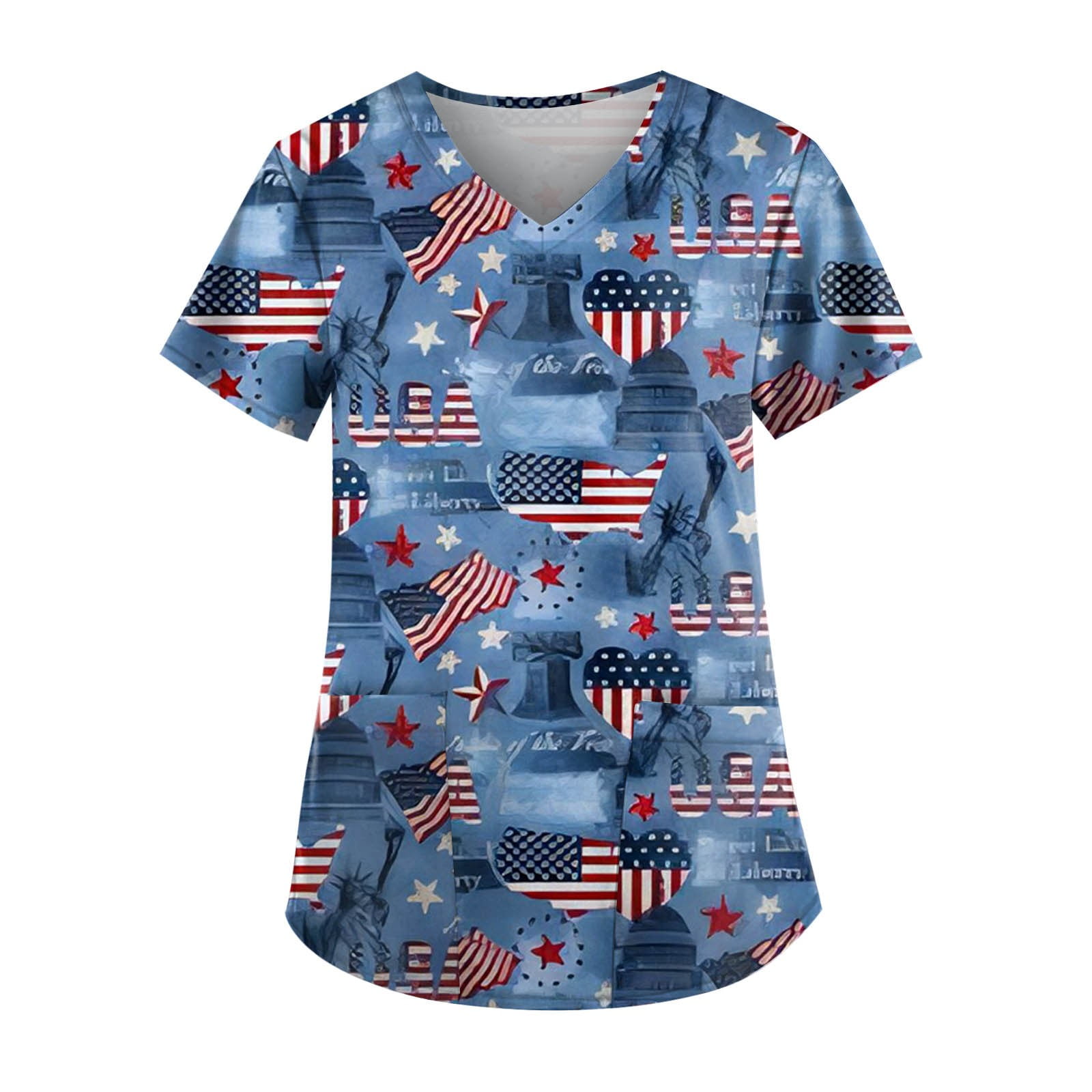 Sksloeg Womens Scrub Tops Independence Day Top V-Neck Cartoon Printed  Workwear With Pockets Patriotic Shirts Nursing Working Uniform,Blue S 