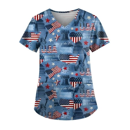 

TKing Fashion Women Plus Size Scrubs Top V-Neck Short Sleeve Printed Pockets Work Blouse for Women Sky Blue M