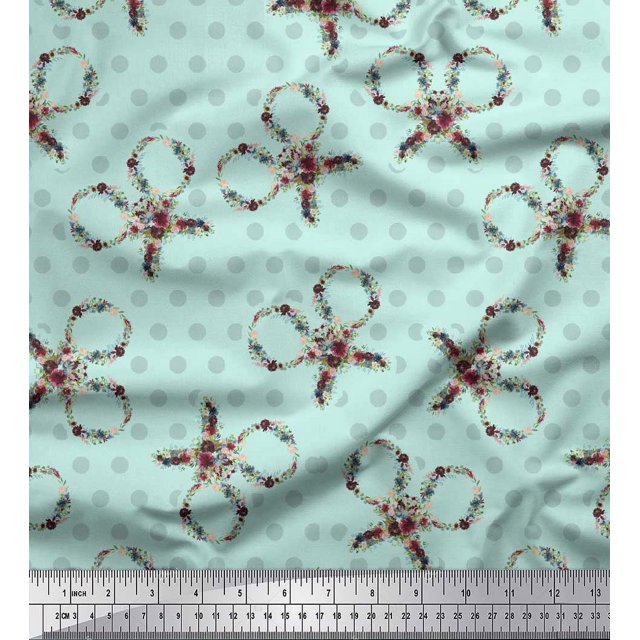 Soimoi Green Moss Georgette Fabric Floral Scissor & Dots Printed Fabric 1 Yard 44 Inch Wide