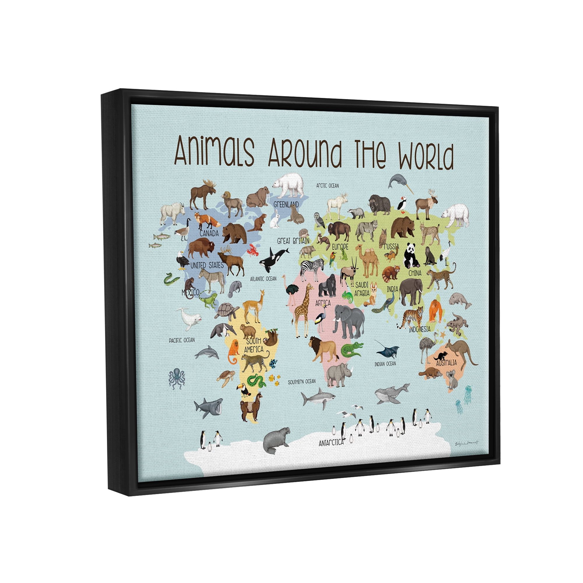 Stupell Animals Around The World Map Animals & Insects Painting Black Floater Framed Art Print Wall Art