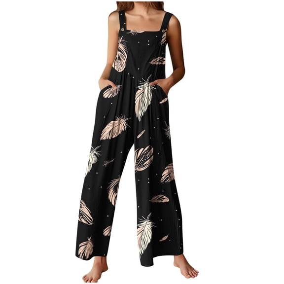 Byworldtasic Womens Jumpsuit Sleeveless Print Overalls Back Smocked High Waist Straight Leg One Piece with Pockets