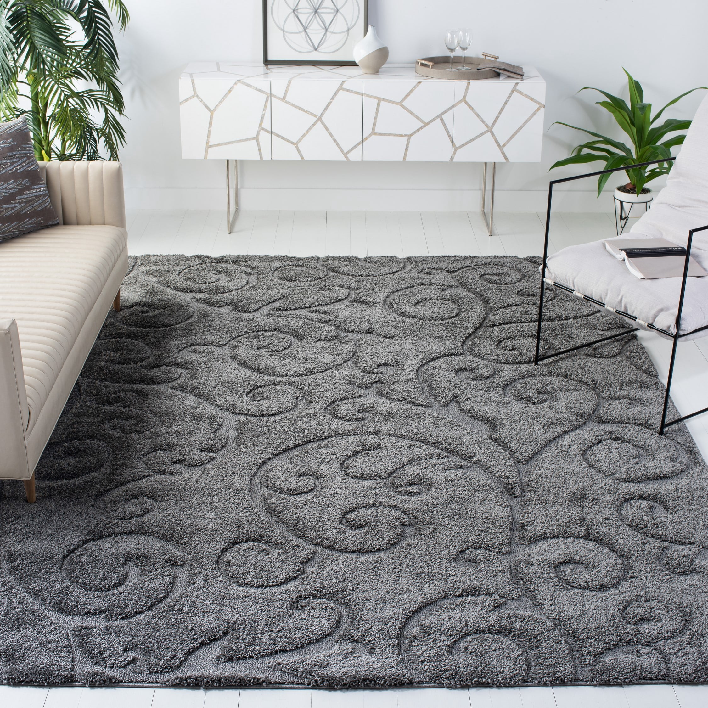 SAFAVIEH Florida Tamzen Abstract Shag Area Rug, Cream, 11' x 11' Round