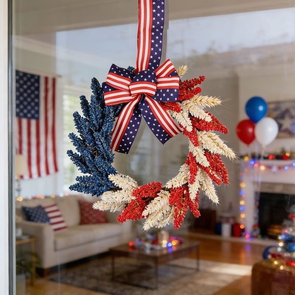 Patriotic Wreath, 20 Inch 4th of July Wheat Wreath, American Flag Wreath for Front Door, Red White and Blue Decor with Stars Stripes Bow for 4th of July Memorial Day Veterans Day, without Light