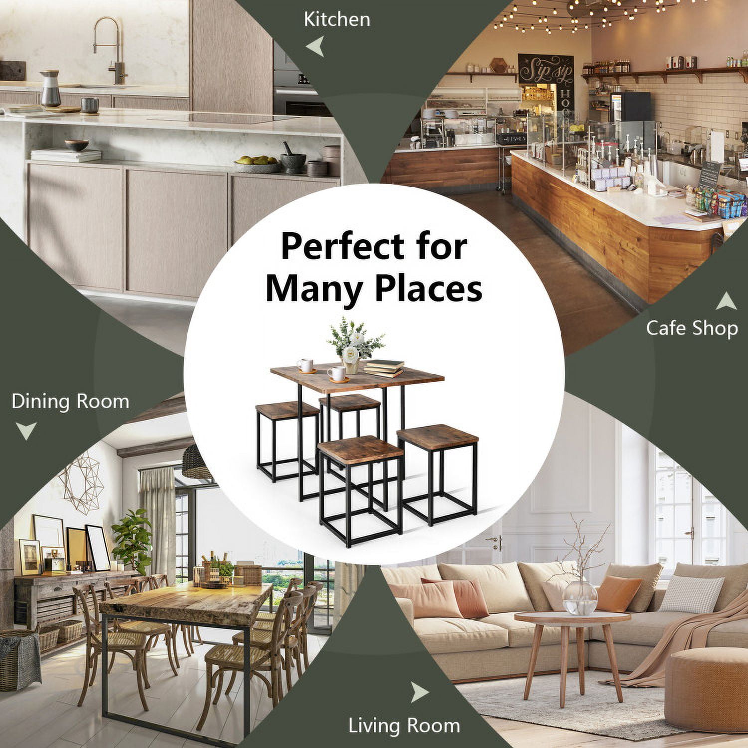 Finihen Dining Set, Dining Table Set, 5 Pieces Metal Frame Dining Set with Compact Dining Table and 4 Stools, for Home, Restaurant, Walnut Finihen Dining Set, Dining Table Set, 5 Pieces Metal Frame Dining Set with Compact Dining Table and 4 Stools, for Home, Restaurant, Walnut
