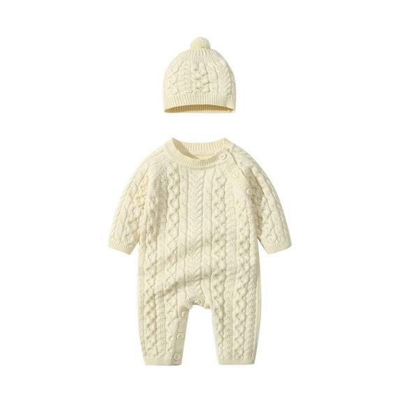 FAOWME Toddler Baby Girls Boys Solid Spring Winter Long Sleeve Button Knit Sweater Romper Jumpsuit Hat Clothes,Beige,3-6 Months