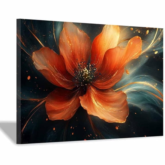 Mudket Framed Canvas Wall Art Ready to Hang, Orange Red Flower Print, Abstract Floral Wall Decor Canvas Artwork for Bedroom Living Room Office, Warm Tone Botanical Pictures - 12"L x 8"W