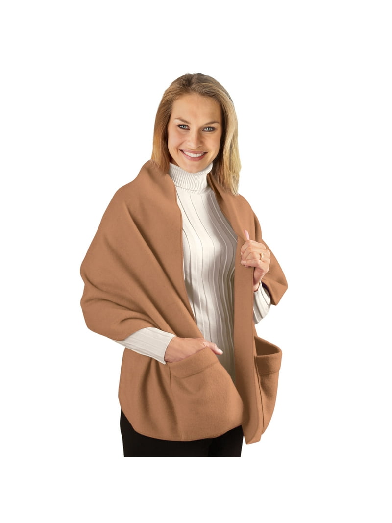Collections Etc Cozy Fleece Shawl Scarf Wrap with Large Pockets
