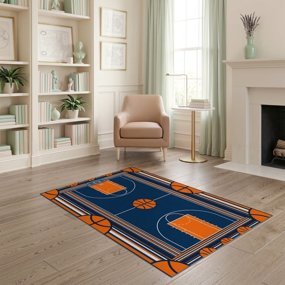 ODIKA Round Athletic Hoop Center Featuring Lines Football Blanket Border for Dorm Room, Small Living Apartment, Stain Resistant Low Profile
