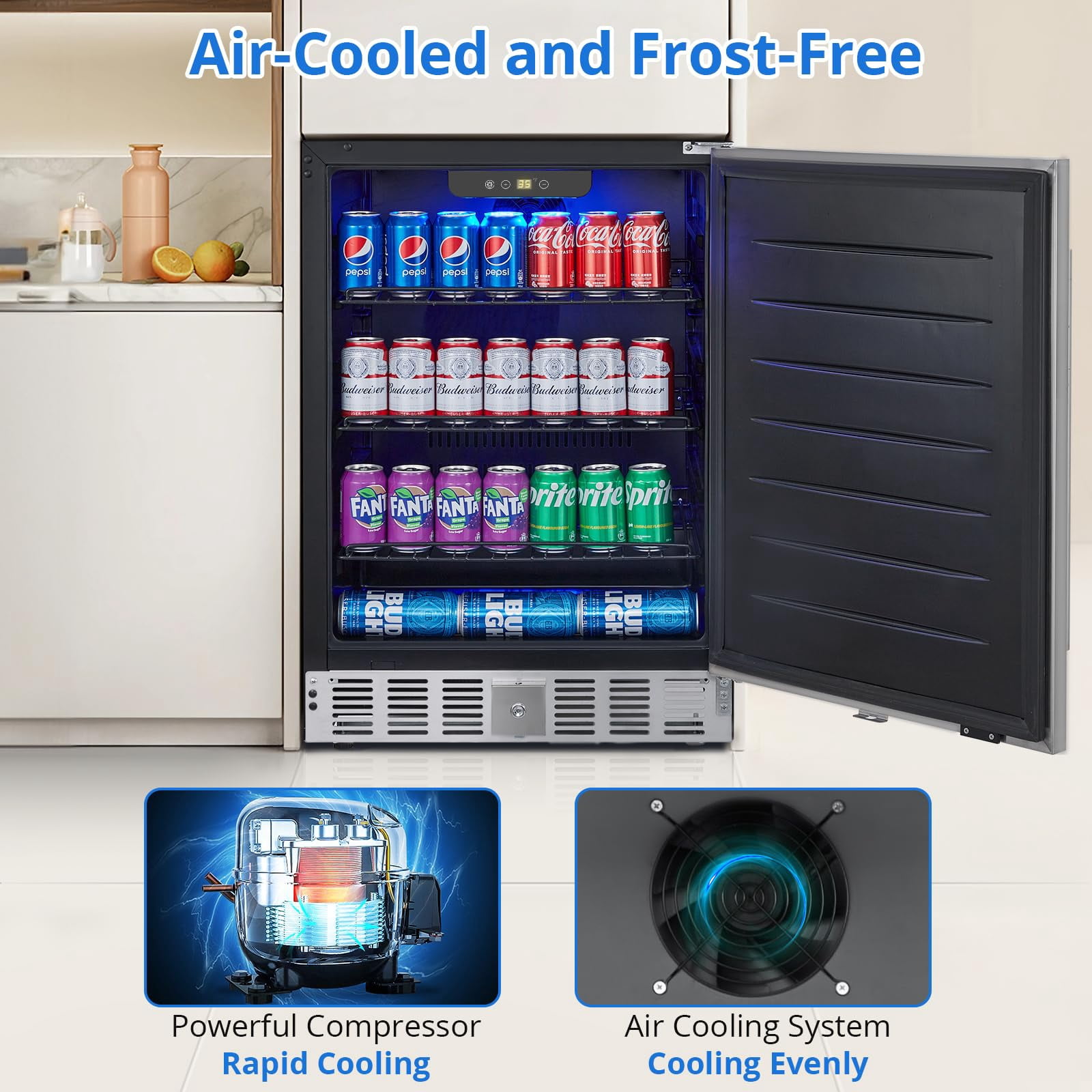 24 Inch Beverage Refrigerator, Weather Proof Stainless Steel Beverage Fridge for Outdoor Kitchen and Patio, Indoor/Outdoor Beverage Cooler for 180 Cans, Built-in/Freestanding