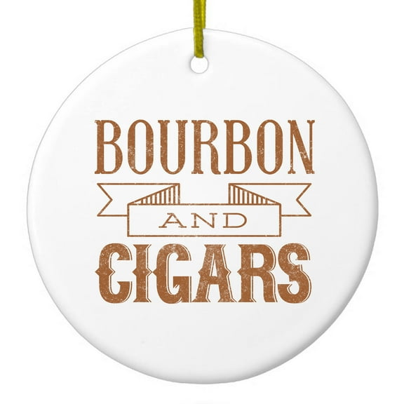 DistinctInk Hanging Ceramic Christmas Ornament - Bourbon and Cigars - Gold String, 2-3/4 inch Diameter