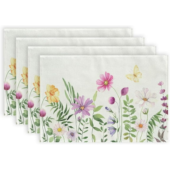 Jbralid Spring Placemats 12x18 Inches Set of 4, Flower Butterfly Seasonal Farmhouse Linen Indoor Kitchen Dining Table Mats Decorations for Home Party