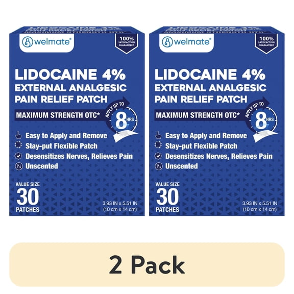 (2 pack) WELMATE Pain Management, Lidocaine 4% Pain Relief Patches, Maximum Strength, 30 Count