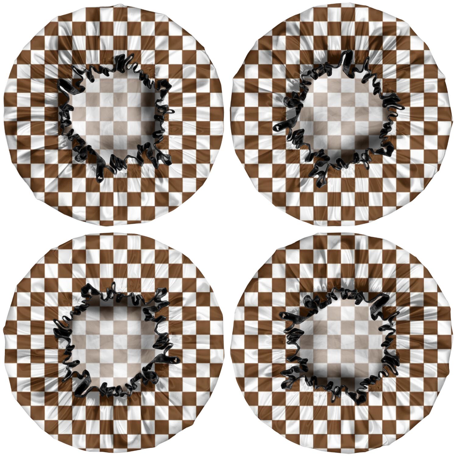 Shower Caps,Brown and White Checkerboard Pattern Waterproof Shower Cap for Women 4 Pieces,Double Reusable Hair Cover for Shower PEVA Elastic Stretch Hem