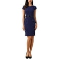 thumbnail image 1 of Vestido de Negocios Chic INSPIRE para Mujer, con Mangas Cortas, Escote en V, Casual, para Oficina, con Cinturón, Vestido Ajustado, Talla L, Azul Marino, 1 of 6