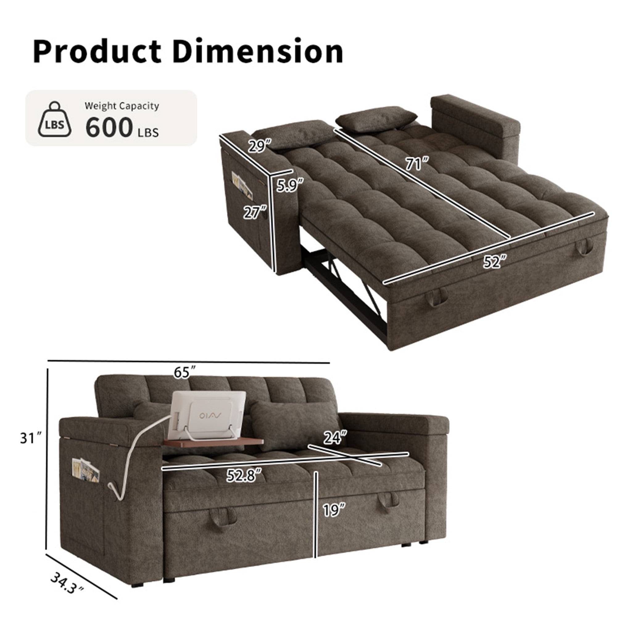 LITVZ 3 in 1 Convertible Sleeper Sofa, 65in Sleeper Couch with Pull Out Bed, Oversized Loveseat Futon Sofa Hide-A-Bed w/Adjustable Backrest, Storage Armrests and Laptop Table for Living Room