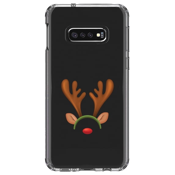 DistinctInk Clear Shockproof Hybrid Case for Samsung Galaxy S10e (5.8" Screen) - TPU Bumper Acrylic Back Tempered Glass Screen Protector - Reindeer Face Christmas