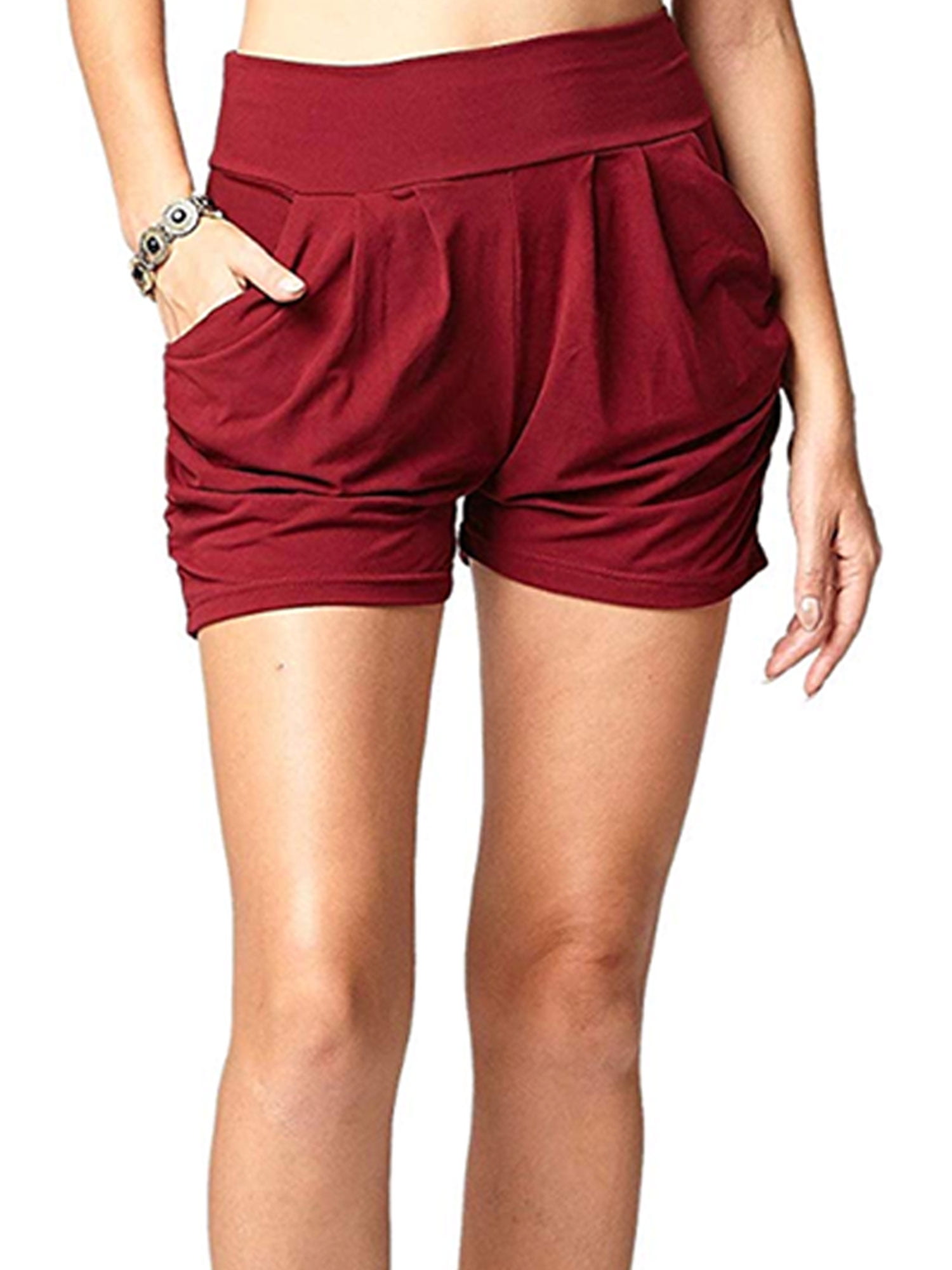 Women Casual Beach Shorts Solid Color Shorts Stretch Harem Shorts with