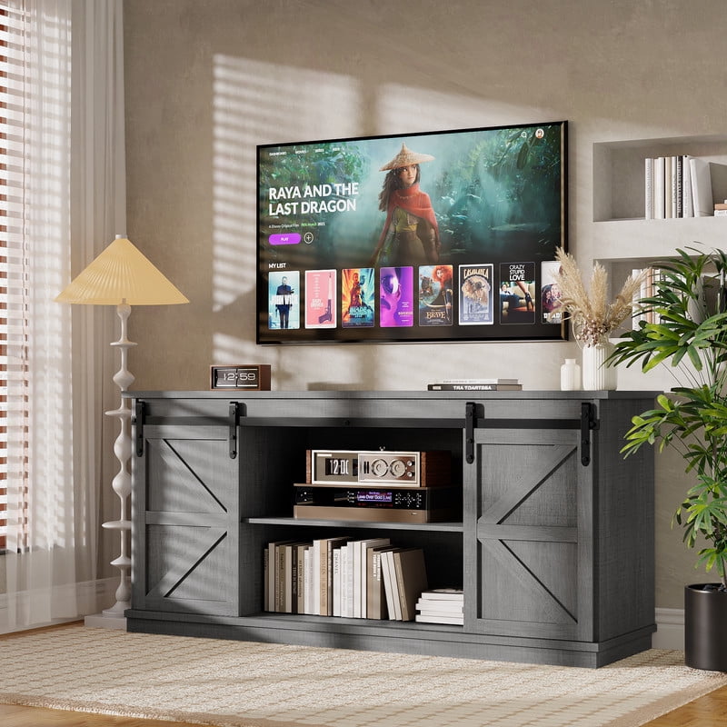 Furmax 65 inch TV Stand Entertainment Center with Sliding Barn Doors and Storage,Gary