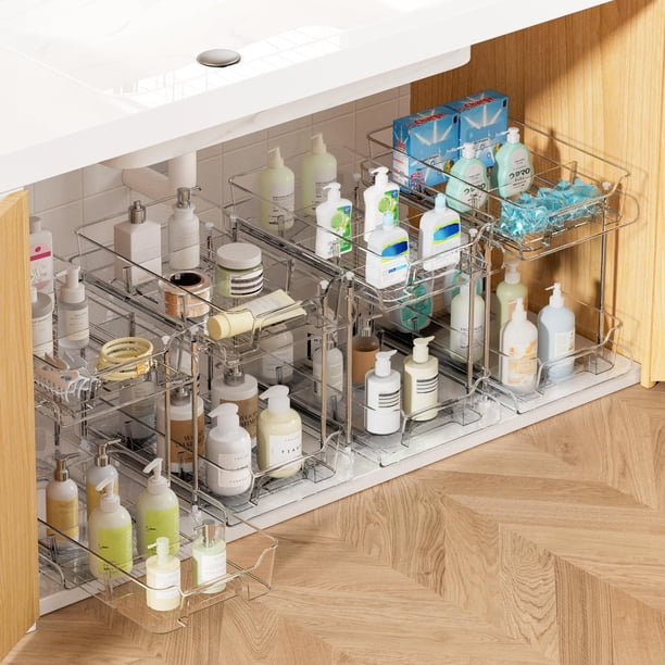 4 Paquete de Organizador de Baño Deslizante,Estantes De AcríLico, Organización de Despensa y Almacenamiento Para ClóSet, Encimera, Despensa, Transparente (Transparente-4pack)