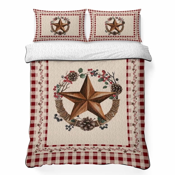 Full Size Quilt - Soft Microfiber Summer Quilt with 2 Pillow Shams, Country Star Plaid Lightweight Breathable Bedding Comforter Sets, Retro Western Farmhouse Barn Berry Quilted Bedspread